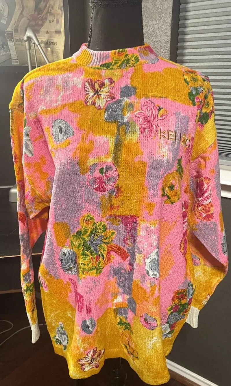 VTG 90s Kenzo Golf Intarsia Knit Sweater Floral Spellout Pink Orange Neon size 2